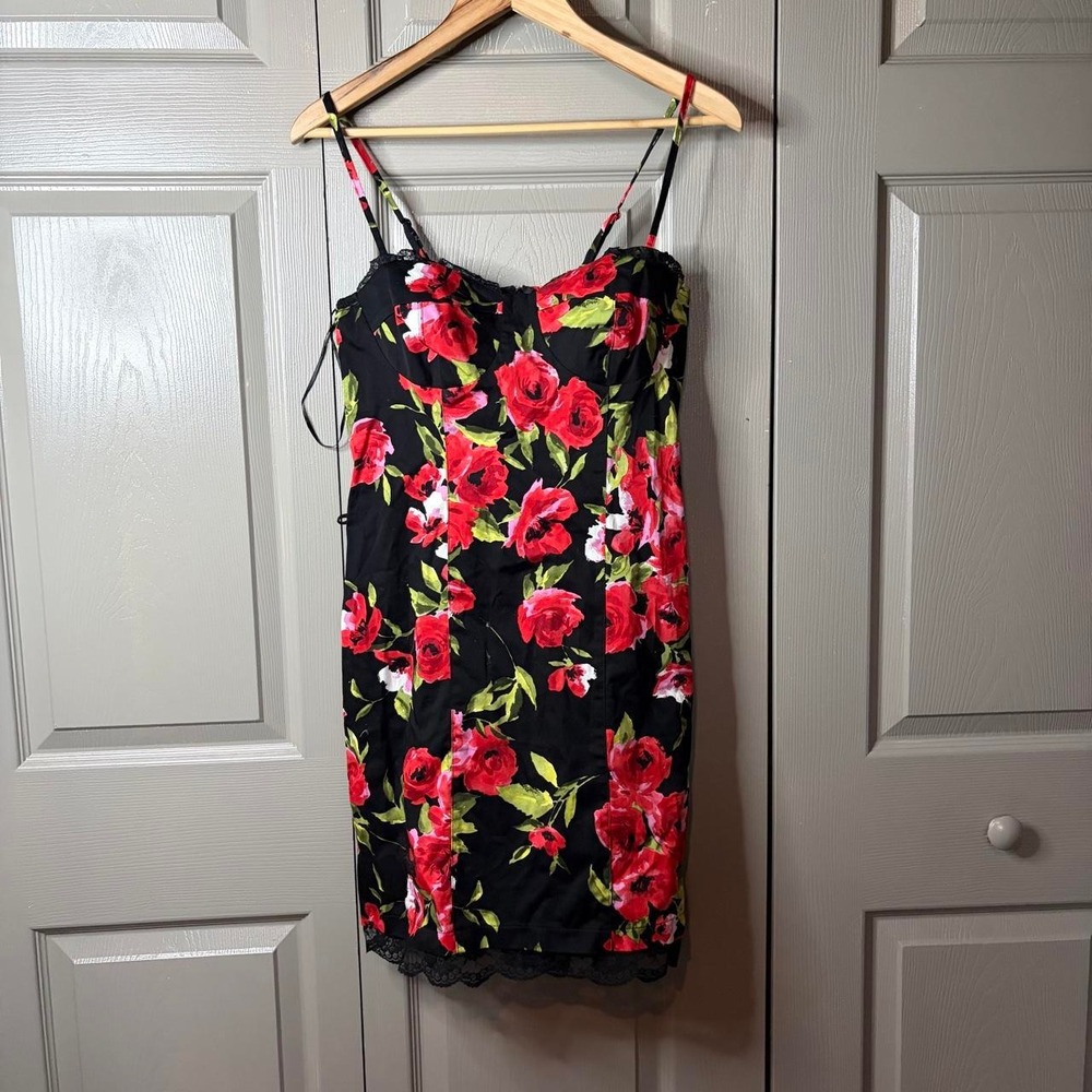 Be Beautiful Vintage Floral Slip Dress Black Red Lace Trim Size 12 Adjustable